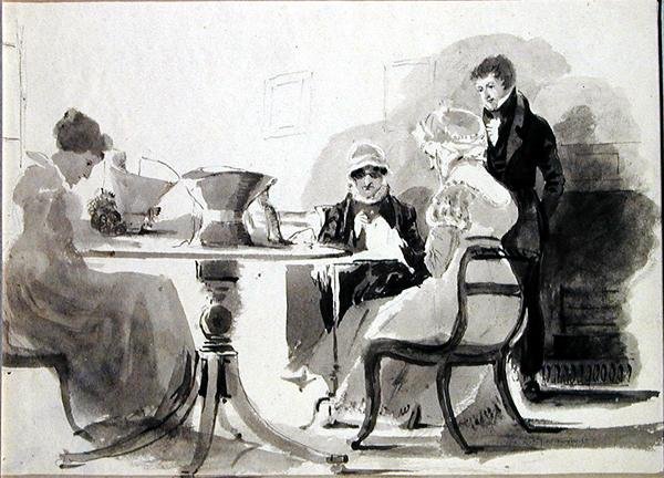 Mulheres Fazendo Bonnets (caneta e lavagem de tinta em papel) de John Harden