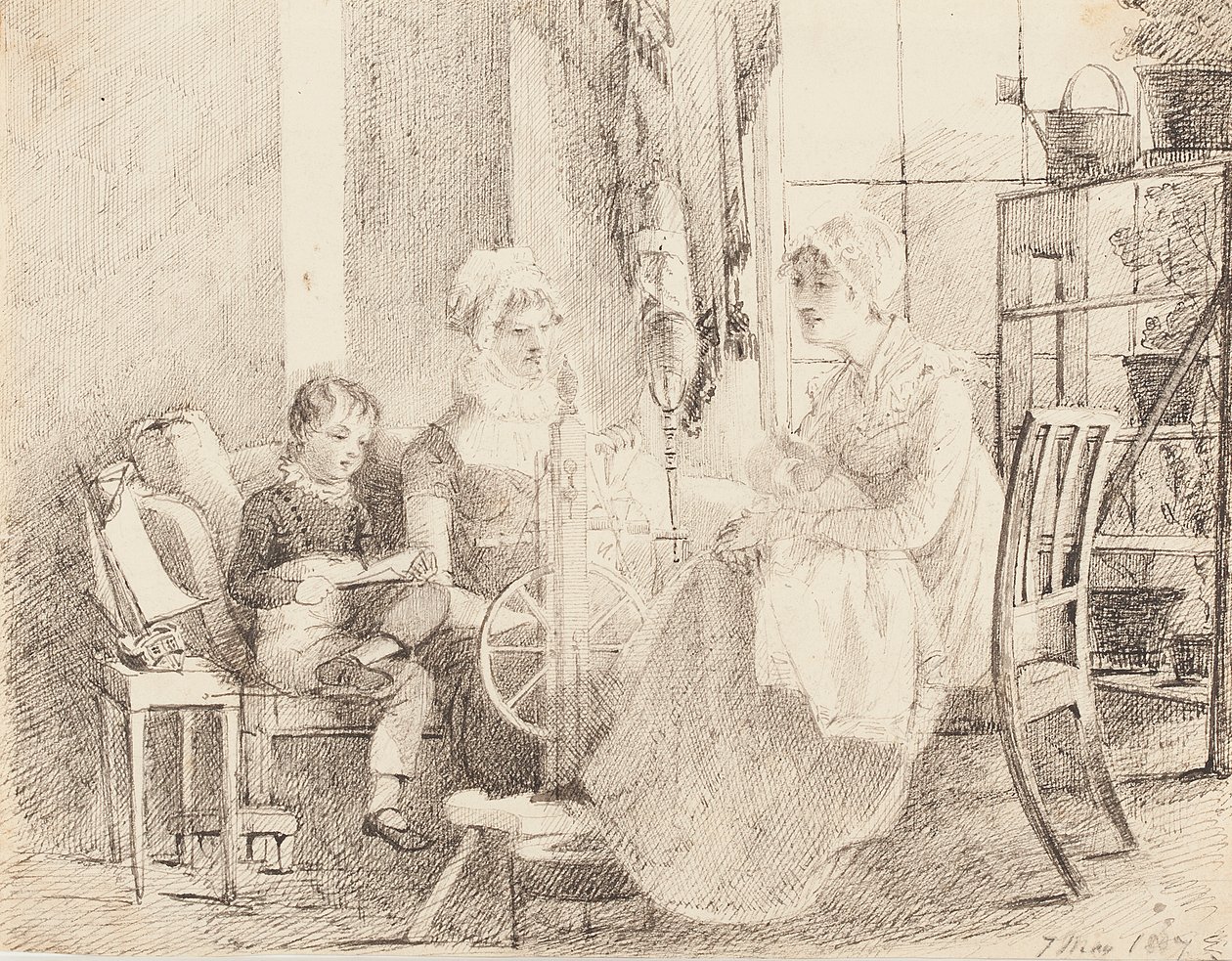 Mulheres na roda de fiar e um menino com um barco de brinquedo, 1807 de John Harden
