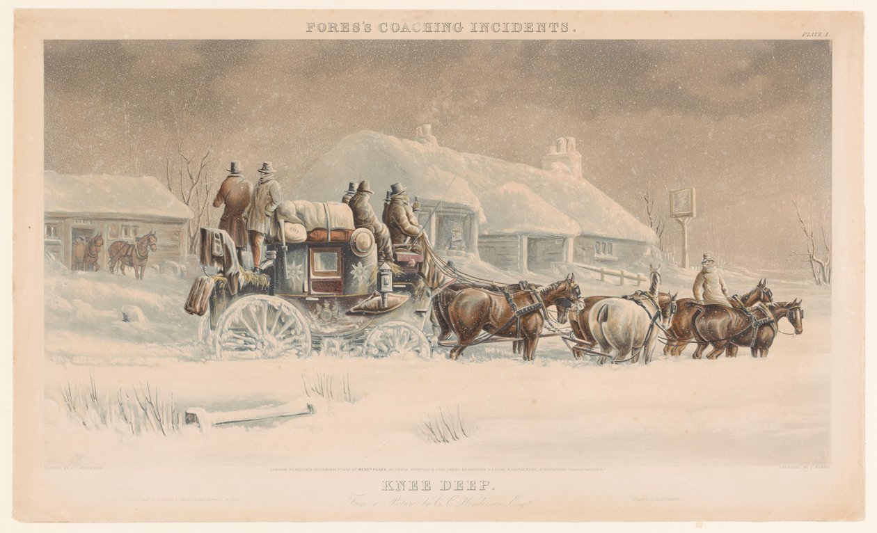 Carruagem com seis cavalos na neve numa paisagem de Inverno
Knee Deep (título sobre o objecto)
Incidentes florestais com treinadores (título da série)
Incidentes de Treino de Florestas de John Harris
