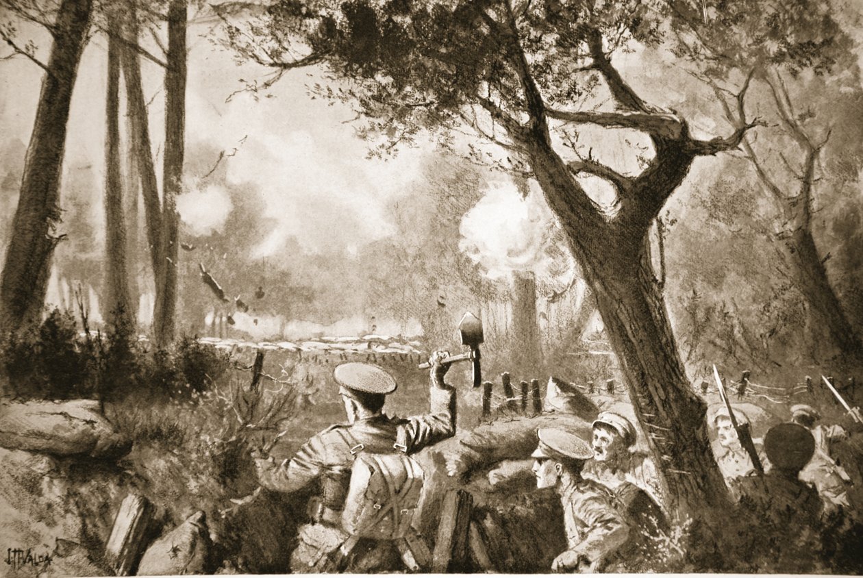 Ator-Lance-Corporal Barker ajudando uma festa, coletada por ele, para abrir uma trincheira de comunicação sob fogo pesado de metralhadora de John Harris Valda