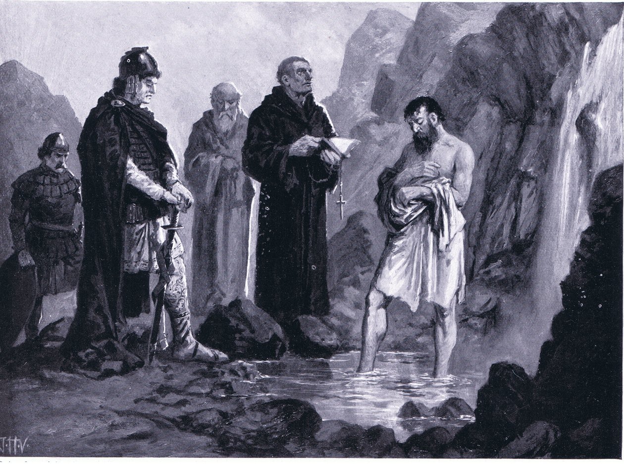 Baptismo de Boris I, ilustração de Hutchinsons História das Nações VOL 4 c.1920s de John Harris Valda