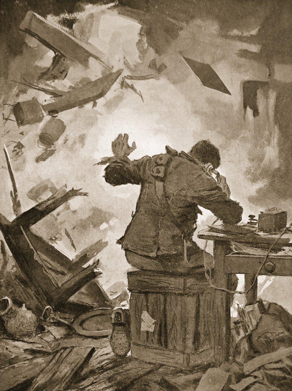 Bombardier French terminando sua mensagem depois de uma concha ter passado pela sala em que ele estava telefonando (litho) de John Harris Valda