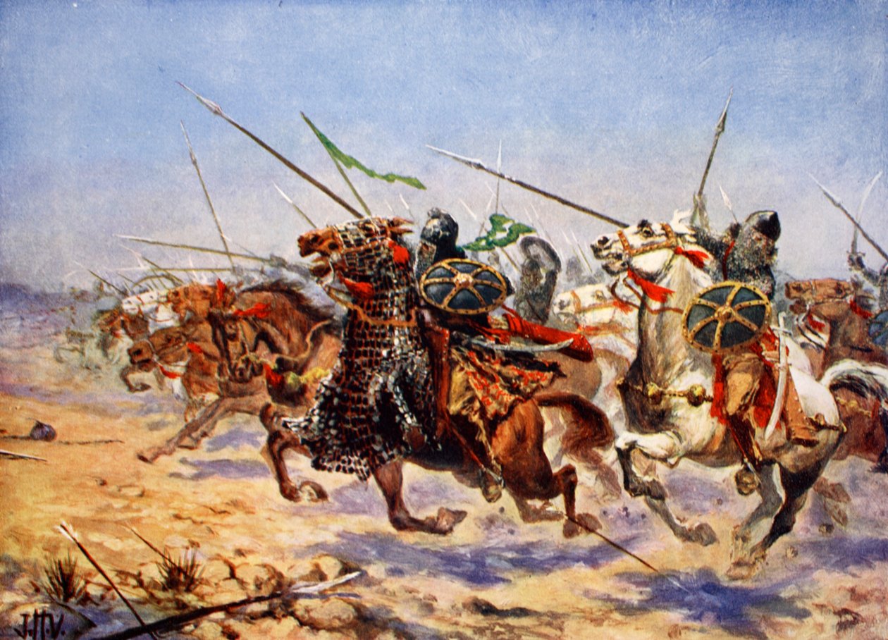 Cavalaria de Shahrbaraz carregando, ilustração de "História das Nações de Hutchinson", 1915 de John Harris Valda