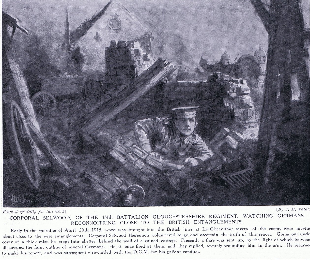 O cabo Selwood ganhou um DCM por assistir alemães reconnoitring perto de enredos britânicos em Le Gheer abril 1915 de John Harris Valda