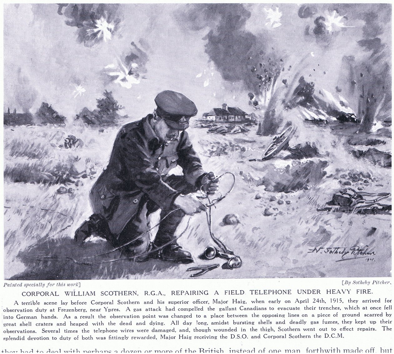 O cabo William Scothern RGA consertando um telefone de campo sob fogo pesado foi premiado com o DCM Ypres em maio de 1915 de John Harris Valda