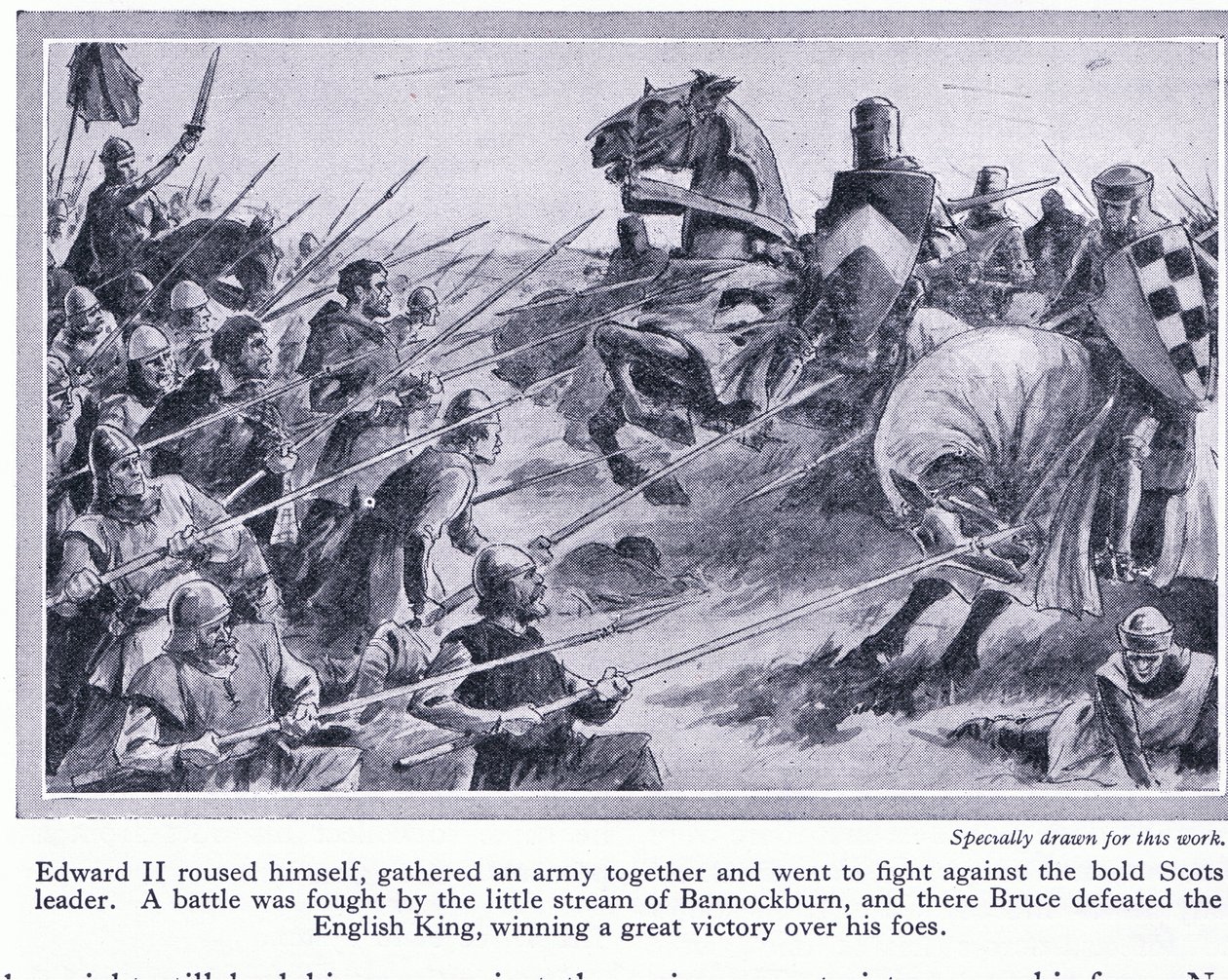 Eduardo II reuniu um exército e travou uma batalha em Bannockburn 1314 AD, onde Bruce derrotou os ingleses, c.1950 de John Harris Valda