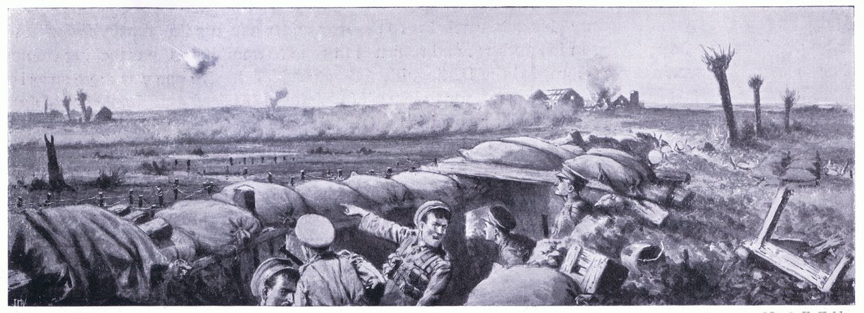 Ataque a gás nas trincheiras do 2º Lancashire Fusiliers em que o soldado Lyn perdeu a vida, mas ganhou o VC. Abril de 1915 de John Harris Valda