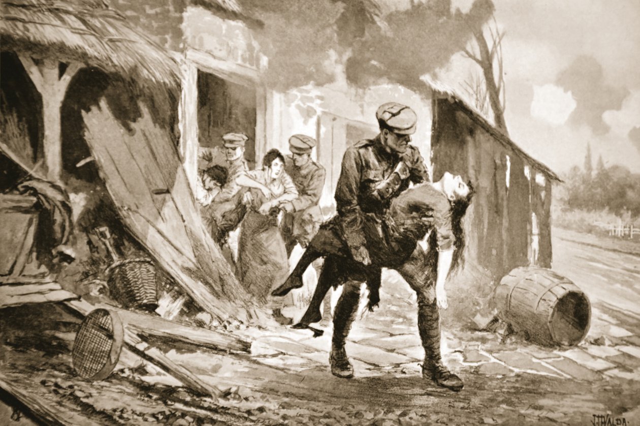 Gunner Rafferty carregando uma mulher ferida de uma casa de fazenda que estava sendo descascada (litho) de John Harris Valda