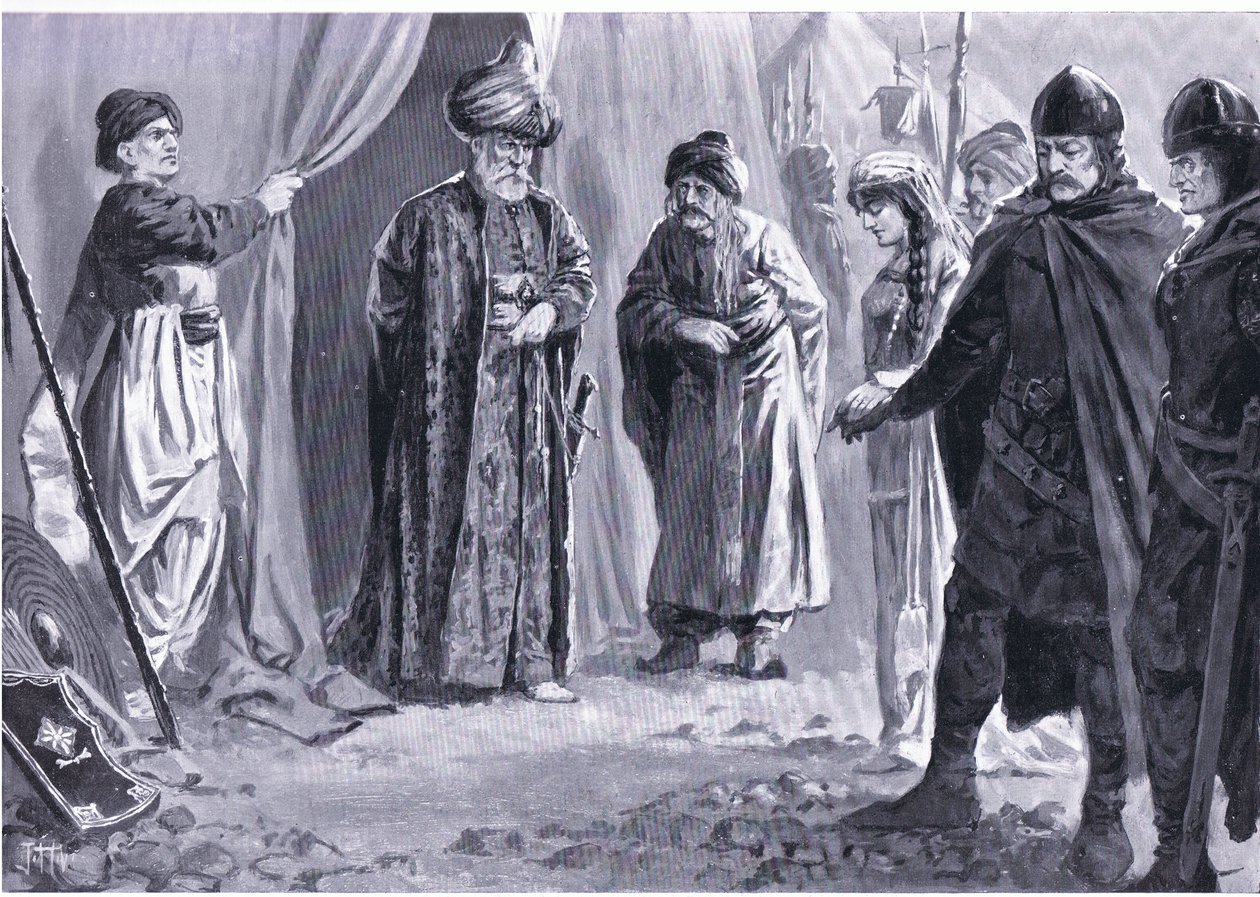 Ivan Shishman III entrega a sua irmã ao Sultão Murad I, AD1366, da História das Nações de Hutchinson (Volume 4) publicado por Hutchinson, c. 1920 (litho) de John Harris Valda