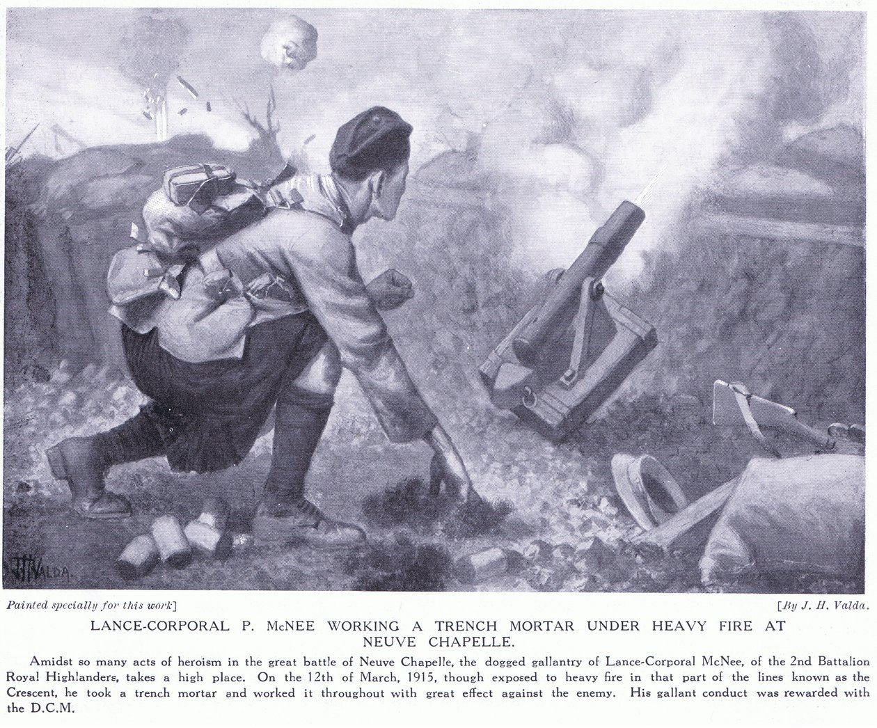 Lance Corporal P McNee trabalhando em um morteiro sob forte fogo na Neuve Chapelle de John Harris Valda