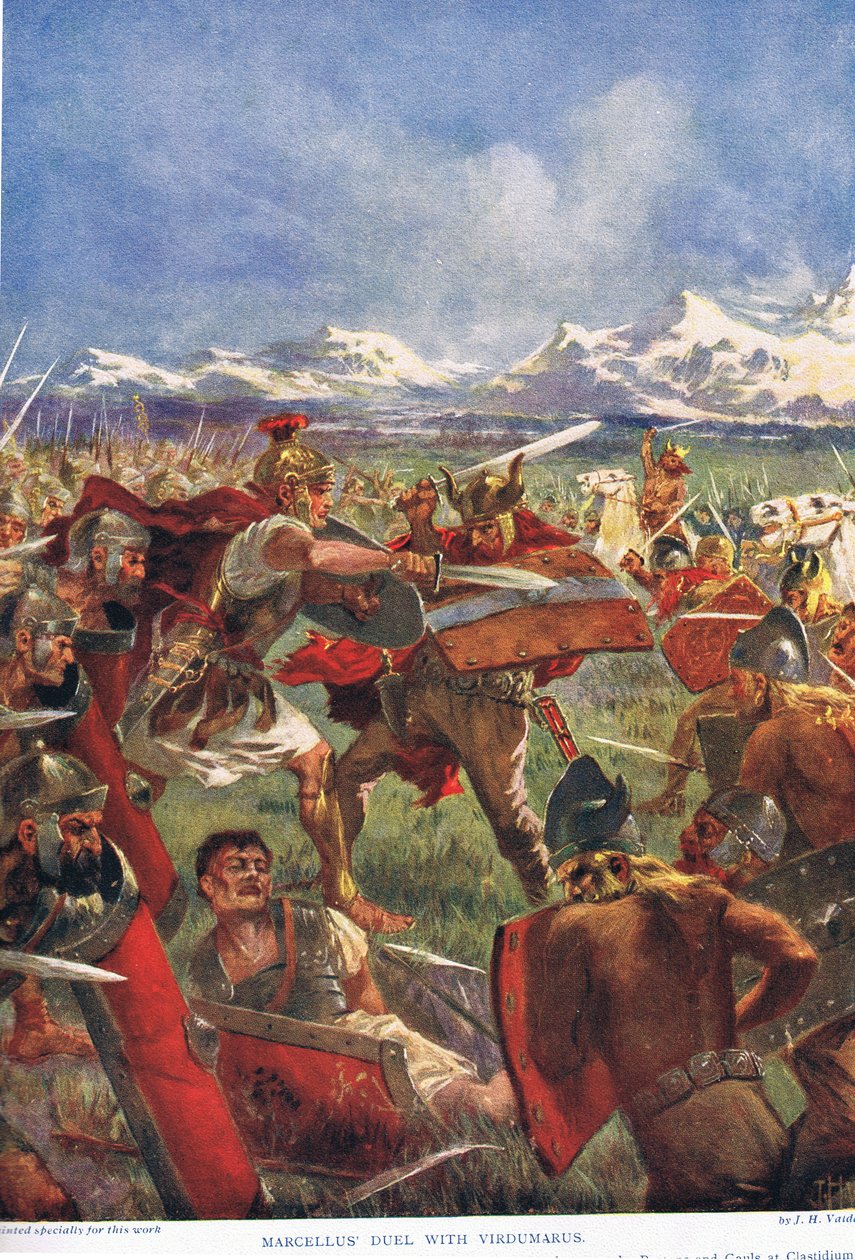 O duelo de Marcellus com Virdumarus, ilustração da &39;História das Nações&39; de Hutchinson, início dos anos 1900 de John Harris Valda