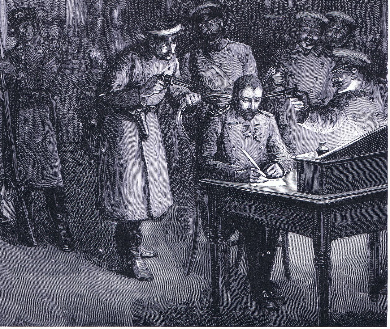 Príncipe Alexander assinando sua abdicação em 1886, ilustração de Hutchinsons História das Nações VOL 4 c.1920s de John Harris Valda