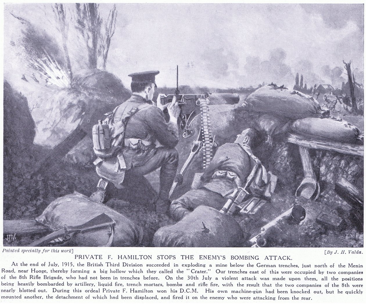 O soldado F Hamilton concedeu o DCM parando o ataque de bombardeio do inimigo em julho de 1915 em Hooge de John Harris Valda