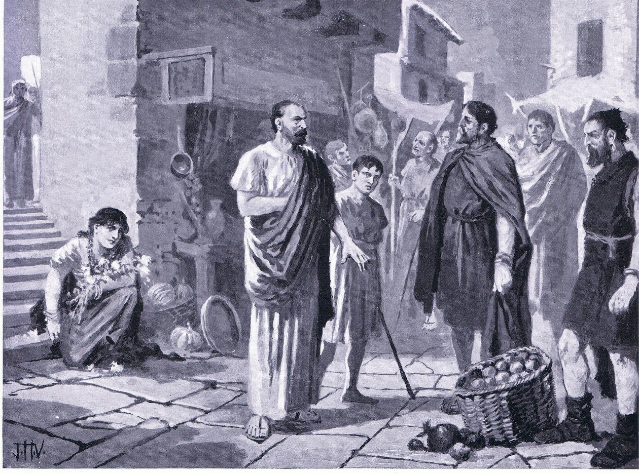 Colonizadores romanos negociando com Dacians nativos, ilustração de Hutchinsons História das Nações VOL 4 c.1920s de John Harris Valda