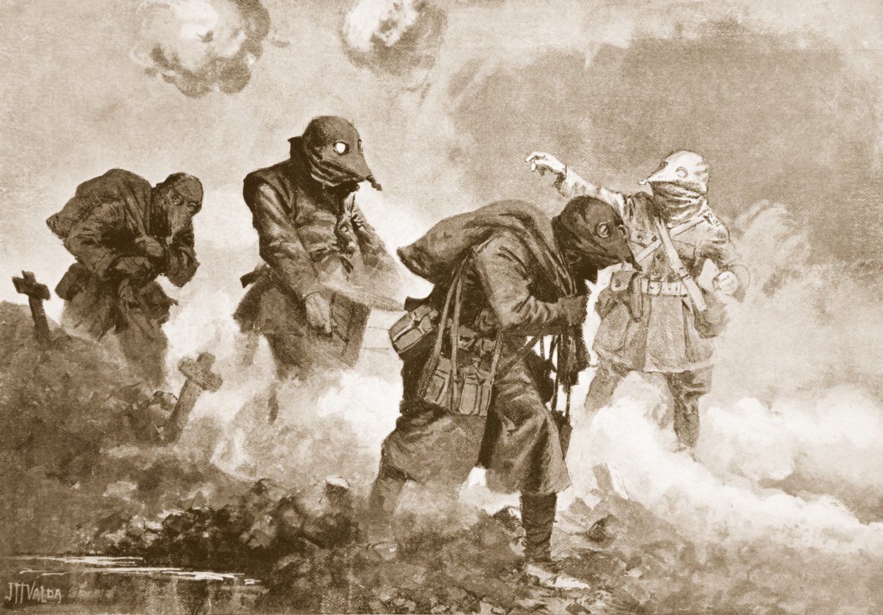 Segundo Tenente (Capitão Temporário) EM Allfrey dirigindo o fornecimento de munição, rações e água para as tropas em ação durante um ataque com gás de John Harris Valda