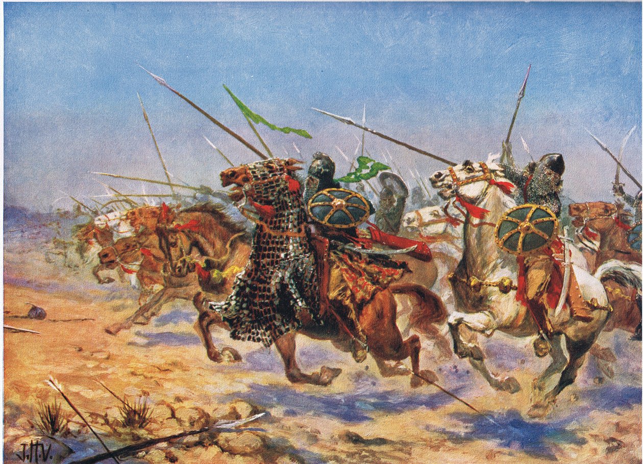The Cavalry of Shahrbaraz Charging, ilustração da &39;História das Nações&39; de Hutchinson de John Harris Valda