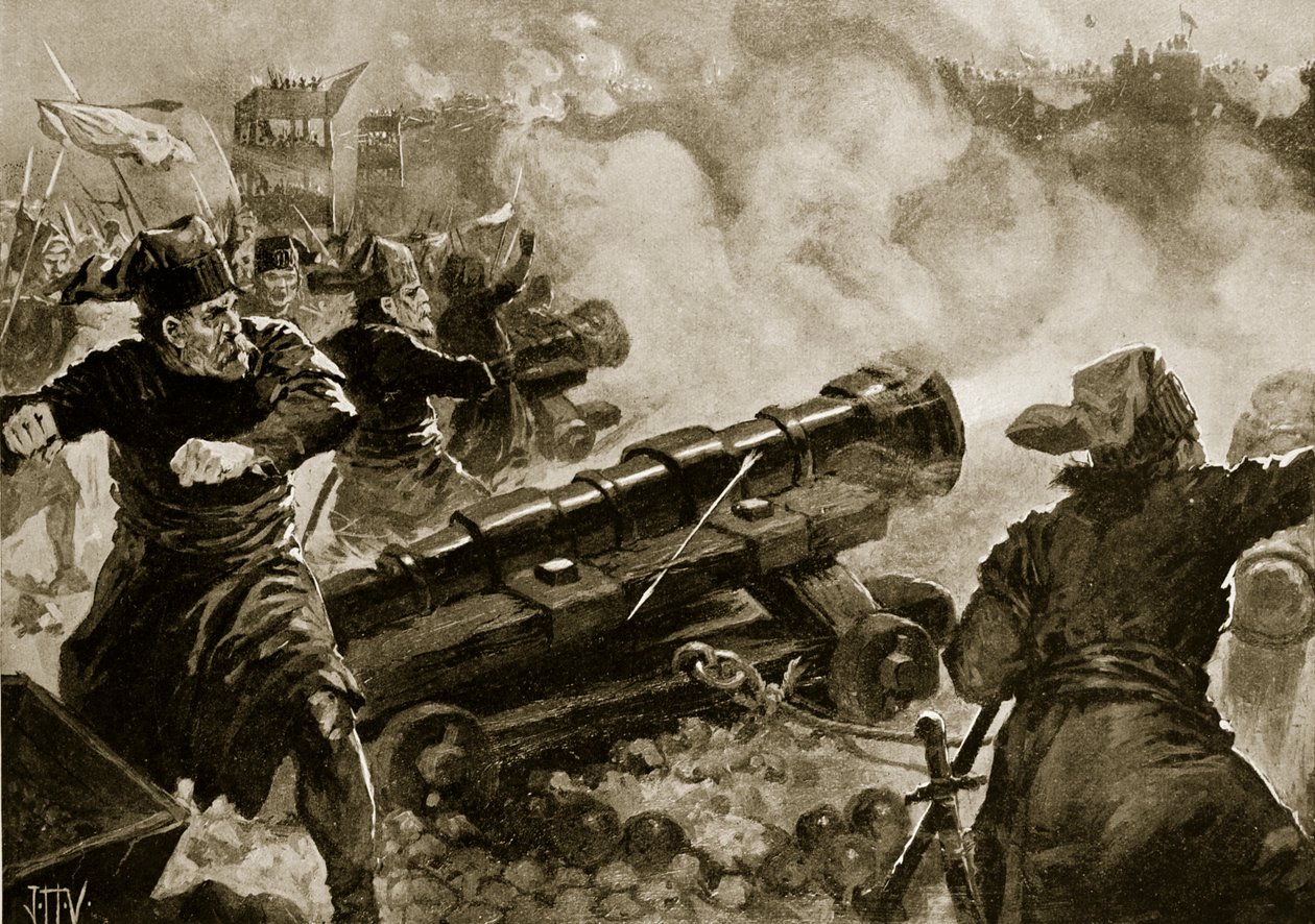 O cerco de Constantinopla pelos turcos, ilustração da "História das Nações de Hutchinson", c.1915 de John Harris Valda