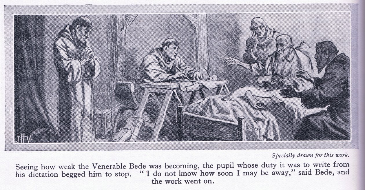 Os últimos dias do Venerável Beda traduzindo o Evangelho de São João para o Inglês 735 dC, c.1950 de John Harris Valda