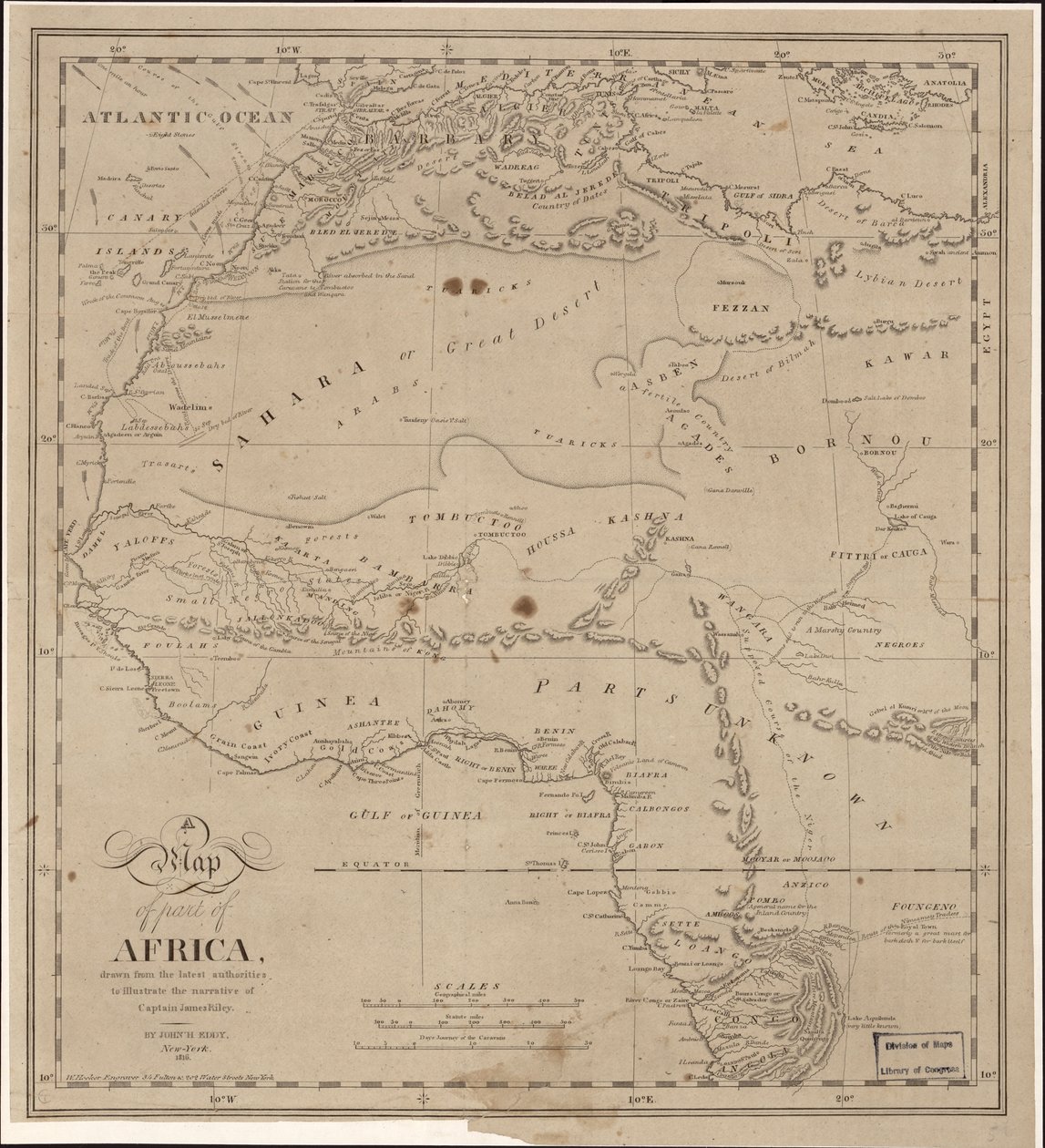 Um mapa de parte de África - desenhado pelas últimas autoridades para ilustrar a narrativa do Capitão James Riley LOC 2009583840 de John Hartshorne