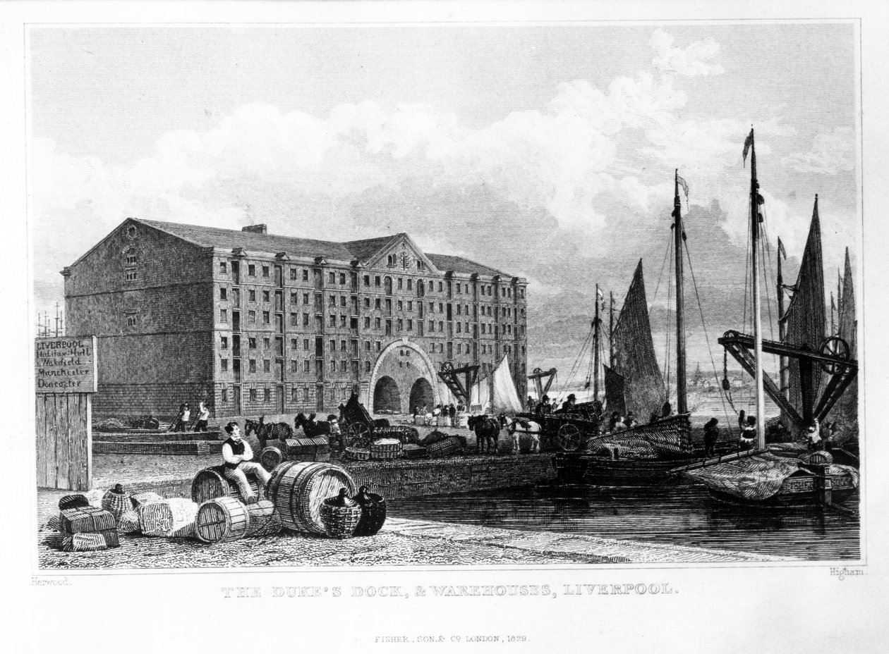 O Dique do Duque e Armazéns, Liverpool, gravado por Thomas Higham, 1829 (gravura) de John Harwood