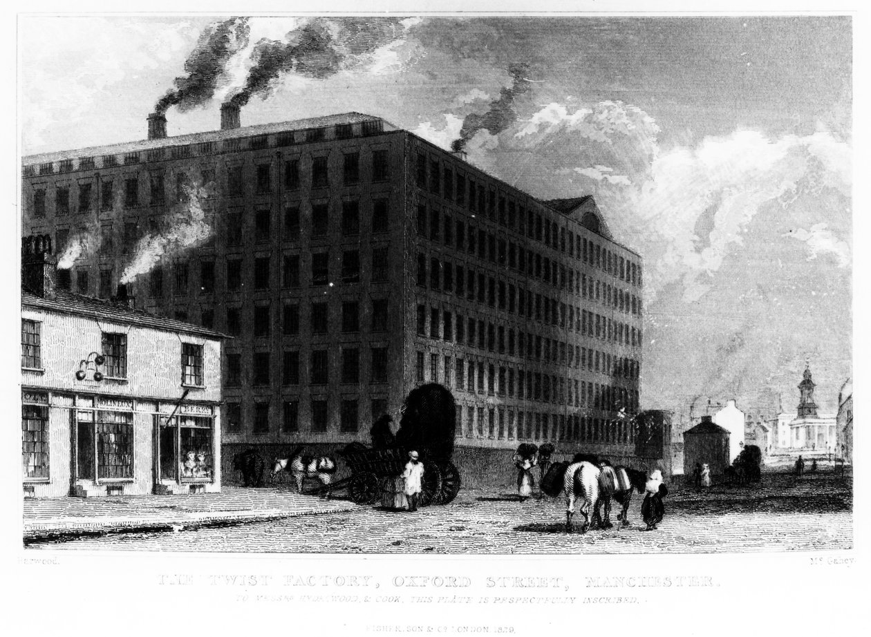 The Twist Factory, Oxford Street, Manchester, gravado por John McGahey, 1829 de John Harwood