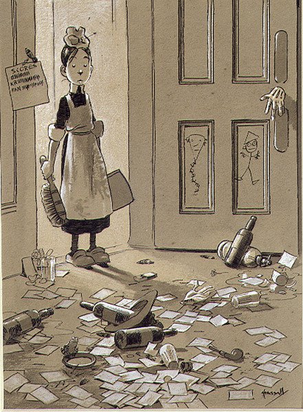 City Notes, resultados da empresa (caneta e tinta, aguarela) de John Hassall
