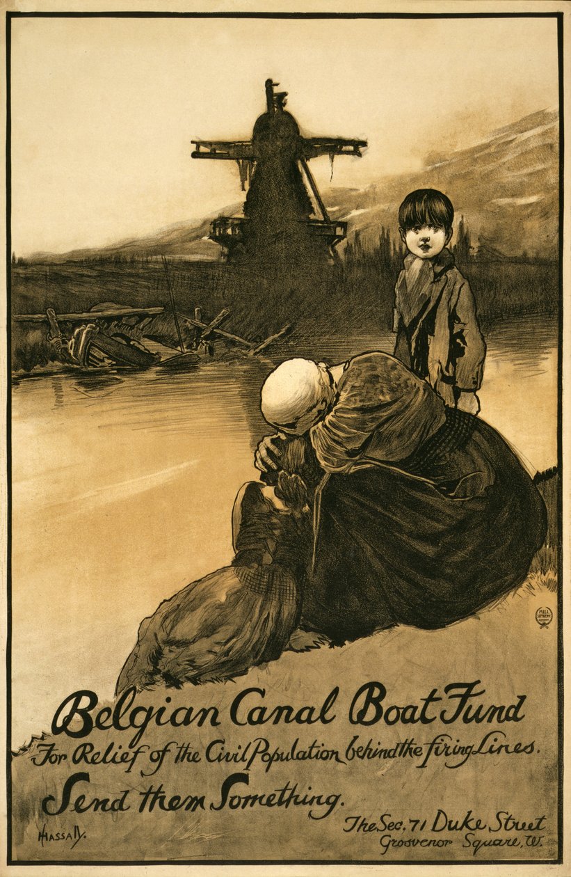 Campanha de angariação de fundos para o fundo belga Canal Boat, pub. 1914-18 (lito colorido) de John Hassall