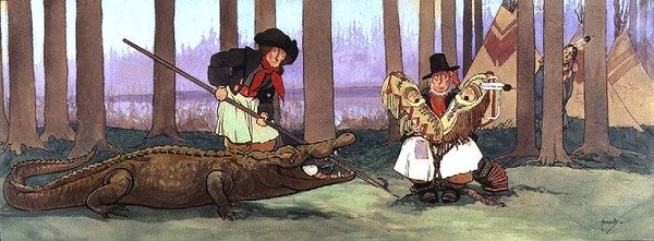 O pirata, cavalheiro Starky, foi capturado pelos Redskins e está miserável. Smee canta um verso da canção do pirata para o Capitão Gancho, que agora está dentro do crocodilo, c.1906 de John Hassall