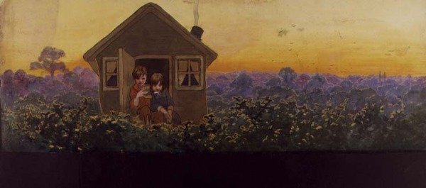 As copas das árvores ao pôr do sol um ano depois: Peter na casinha com Wendy em sua visita anual de limpeza de primavera, ilustração para 