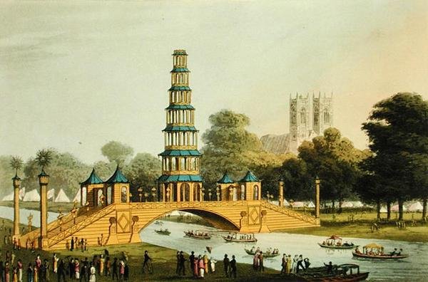 A Ponte Chinesa e Pagoda, erguida no Parque em comemoração da Paz Gloriosa de 1814, gravada por Matthew Dubourg (fl.1785-20) de John Heaviside (after) Clark