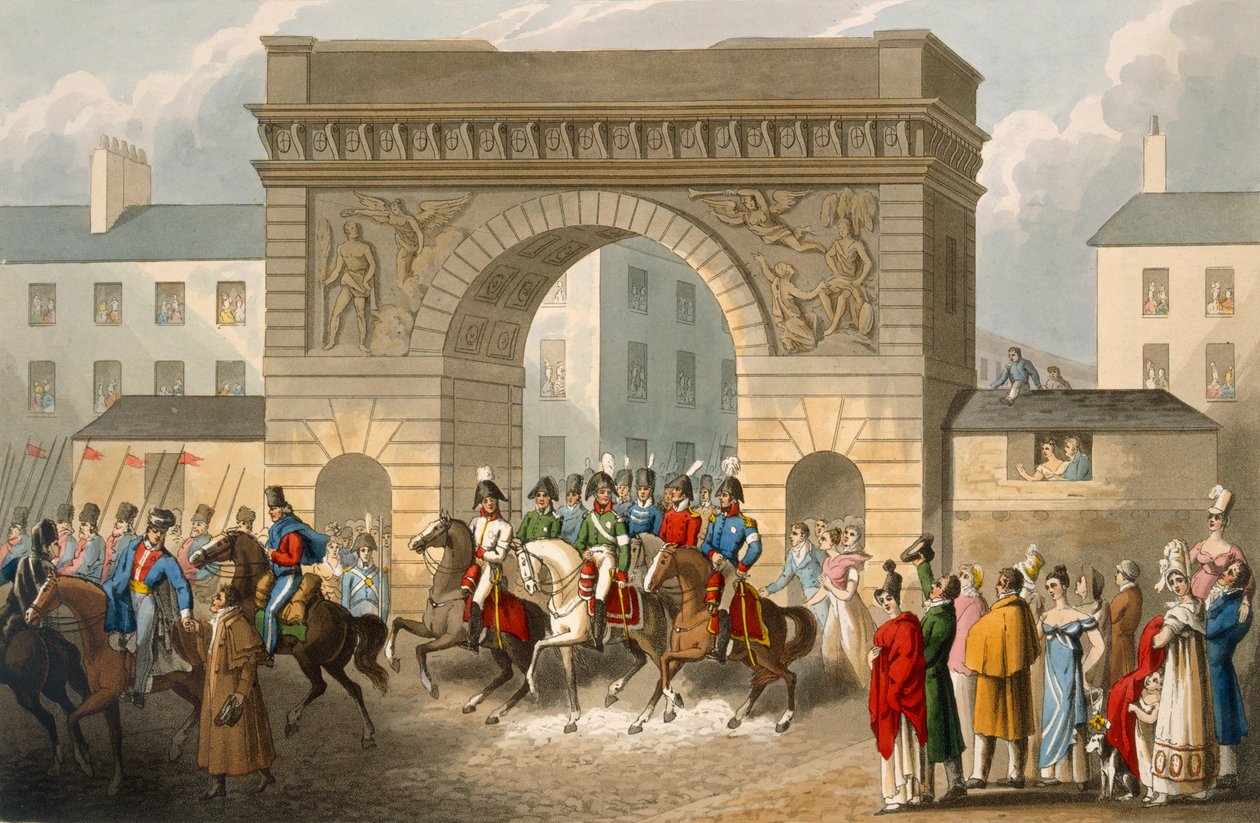 Entrada dos aliados em Paris, gravada por Matthew Dubourg (fl.1813-20) de "histórico, militar e anedotas navais", pub. por Edward Orme (1774-c.1820) 1818 (aquatinta) de John Heaviside Clark