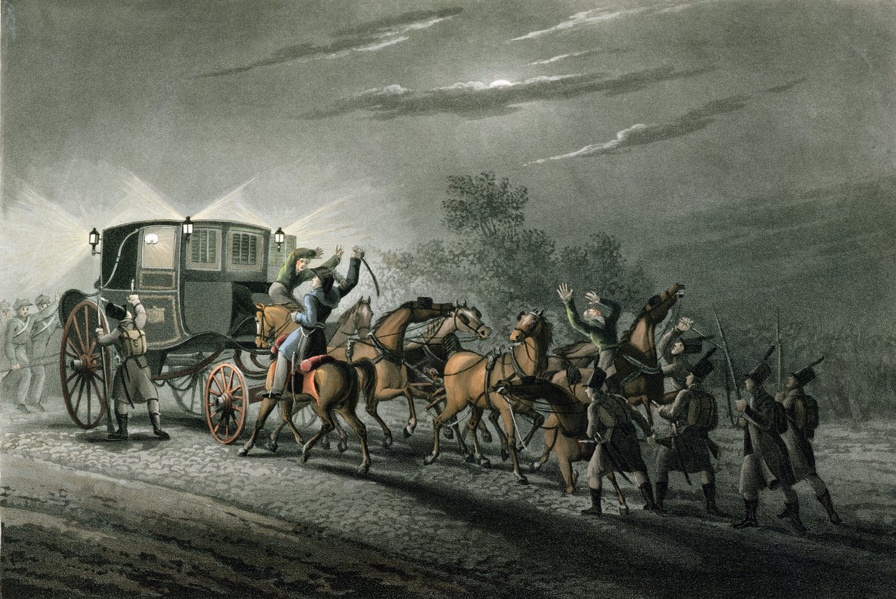 A captura do transporte, papel e tesouro de Bonaparte pelo major von Keller, Waterloo, 18 de junho de 1815, gravado por Matthew Dubourg (fl.1813-20) de John Heaviside Clark