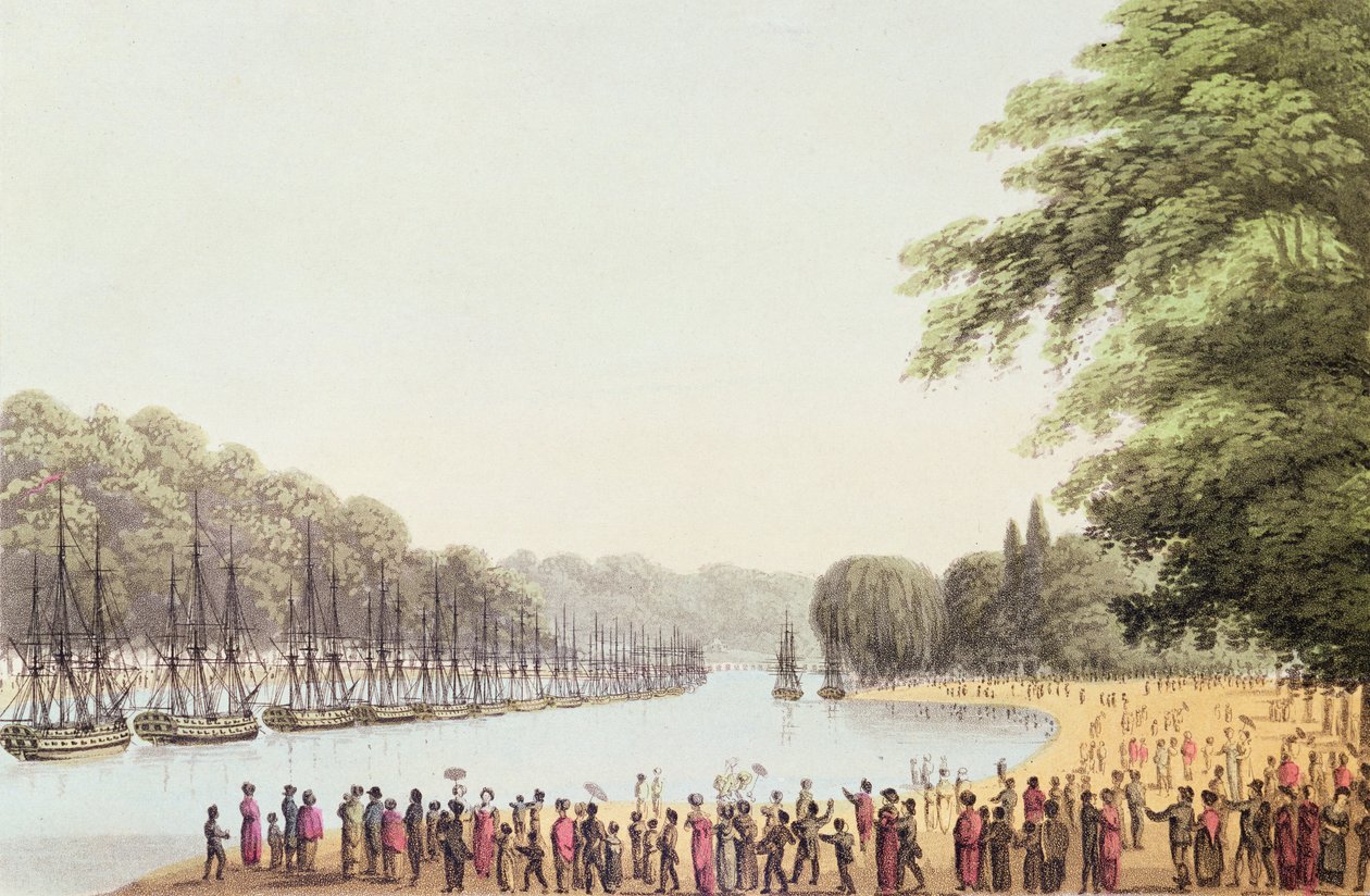 A Frota no Rio Serpentino, gravada por Matthew Dubourg (fl.1813-20) 1814 de John Heaviside Clark