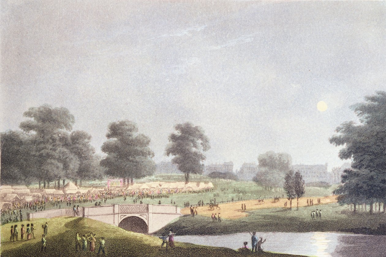 A vista da feira em Hyde Park, gravada por Matthew Dubourg, 1 de agosto de 1814 (gravura colorida) de John Heaviside Clark