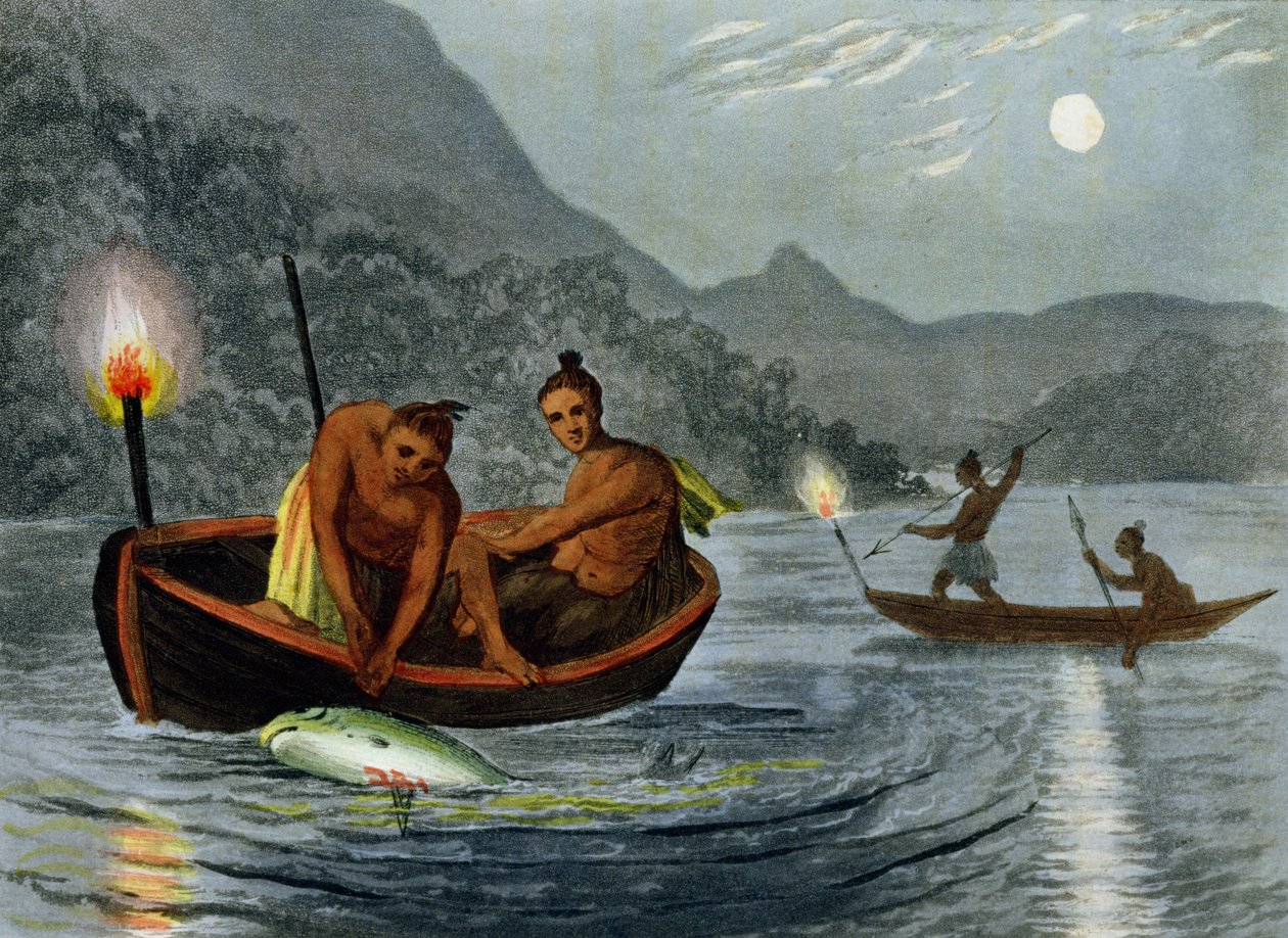 Pesca com lanterna na América do Norte, gravada por H. Merke (fl.c.1800-20), publicada por Edward Orme, 1813 de John Heaviside Clark