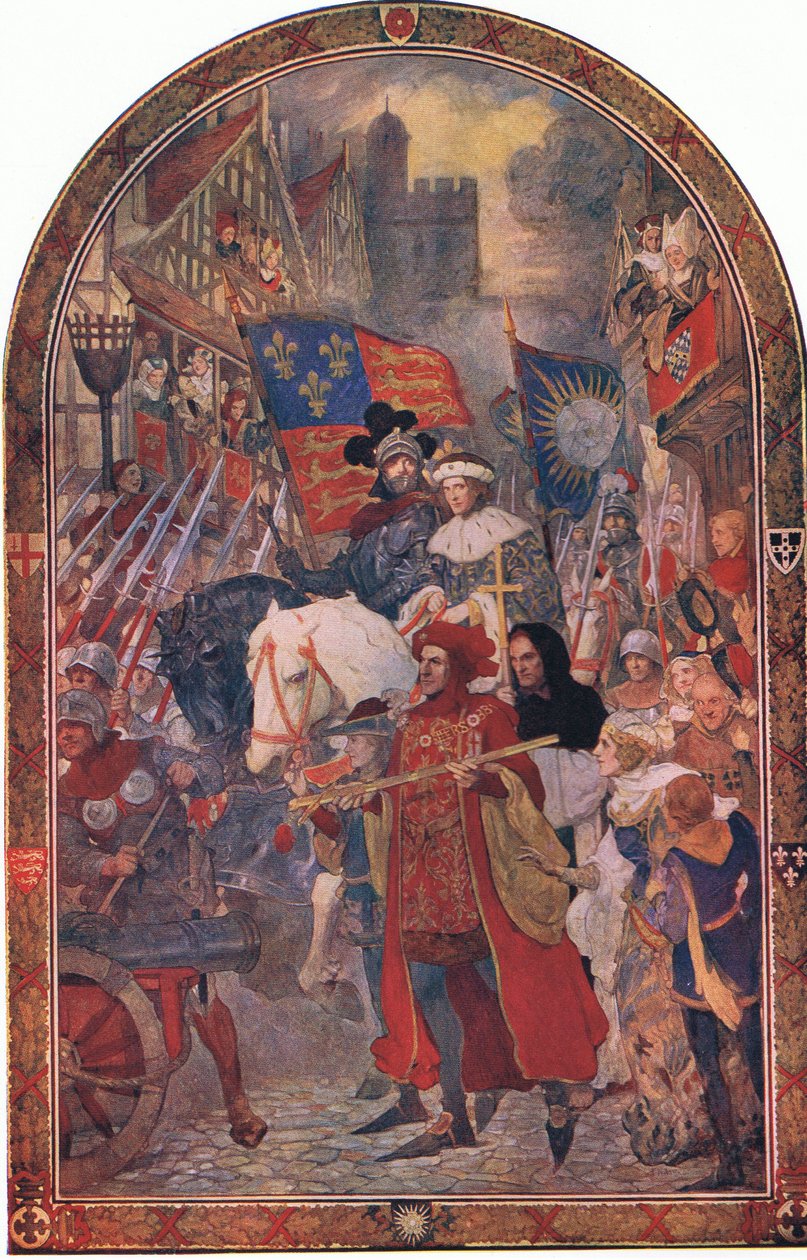 Henrique VI Batalha de Barnet 1471: As bandas treinadas que marcham para o apoio de Edward IV, de Cassells História do Povo Britânico publicado pela Waverley Book Company Limited, c.1940 (cor lith de John Henry Amshewitz