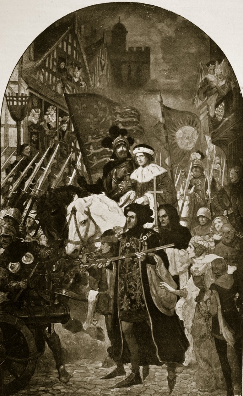 Henrique VI é levado para a Batalha de Barnet, 1471, ilustração da "Hutchinson&39;s Story ofthe British Nation", c.1923 de John Henry Amshewitz