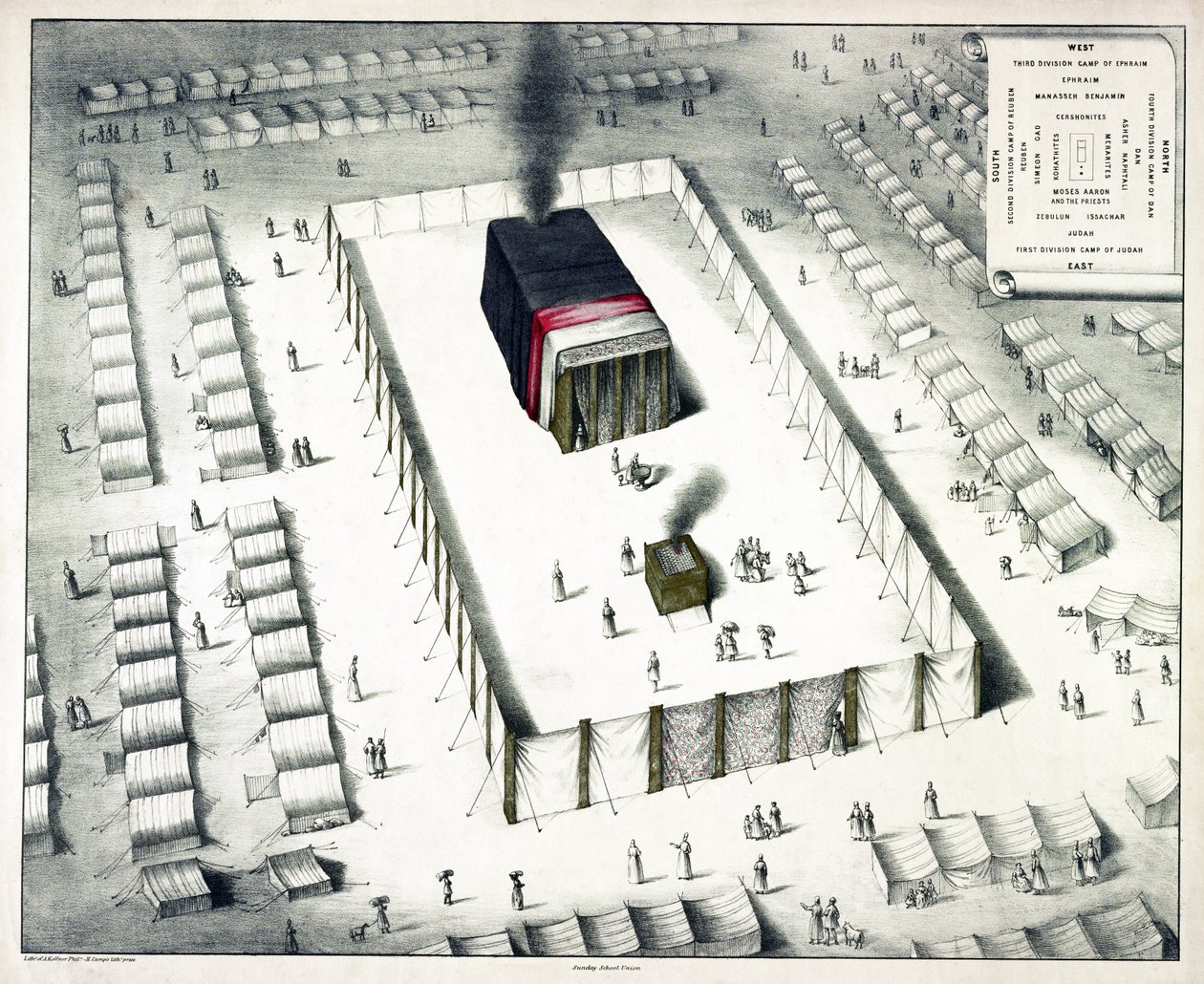 O Tabernáculo no Deserto e o plano do acampamento, publicado em 1850 (litografia colorida) de John Henry Camp