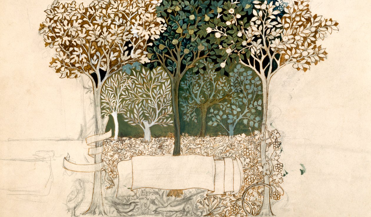 Árvores em um pomar, design de tapeçaria para Morris and Co. (caneta, tinta e wc no papel) de John Henry Dearle
