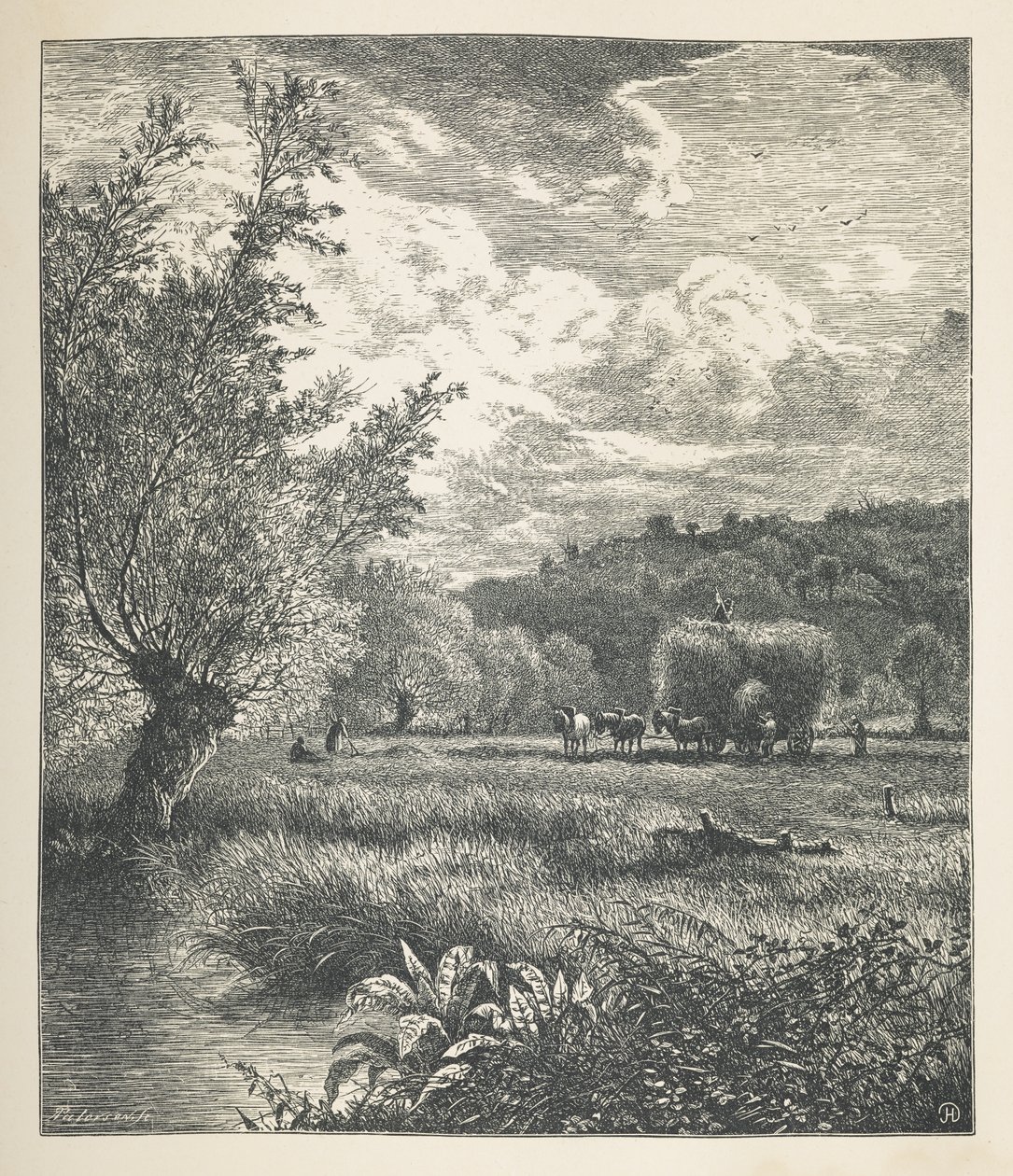 Prancha 10. Um monte de feno em uma carroça.  Fotos da Natureza. Uma série de trinta ilustrações originais desenhadas em madeira por J. H. Dell e gravadas por R. Paterson.  John Henry Dell de John Henry Dell