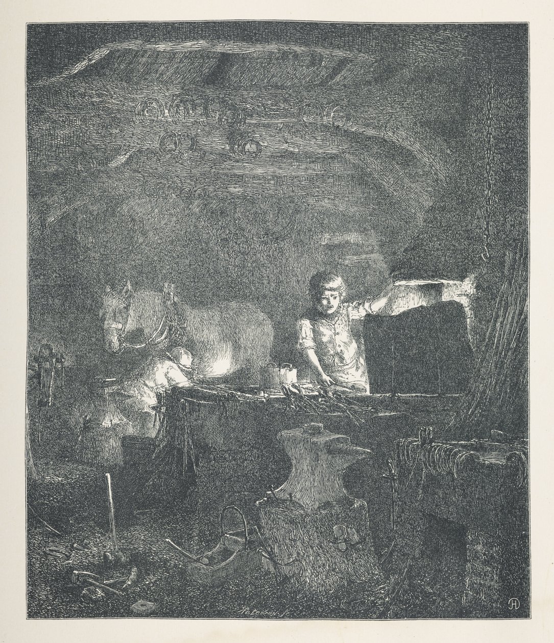 Ilustração 13. Um ferreiro.  Fotos da Natureza. Uma série de trinta ilustrações originais desenhadas em madeira por J. H. Dell e gravadas por R. Paterson.  John Henry Dell de John Henry Dell