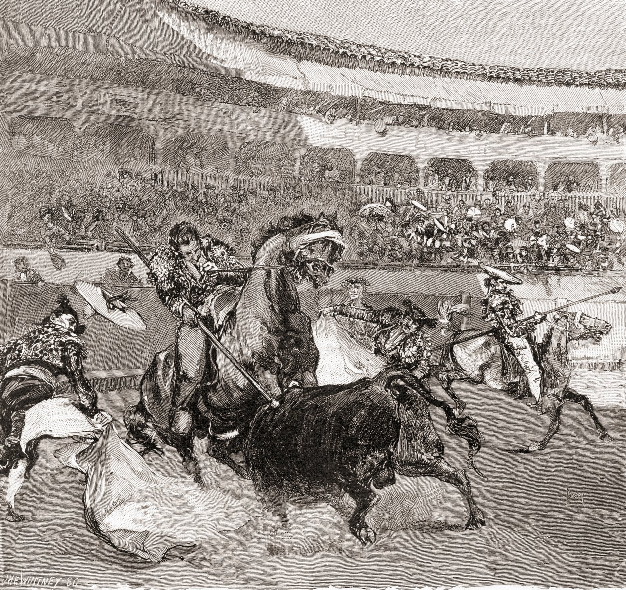 Uma tourada em Sevilha, Espanha, da revista Century Century Monthly Magazine, publicada em 1884 (gravura em madeira) de John Henry Ellsworth Whitney