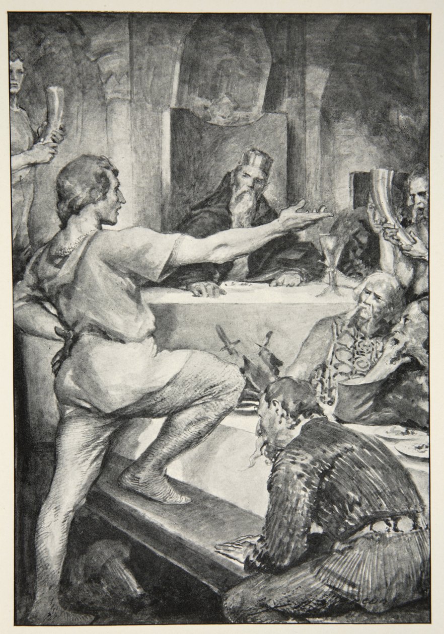 Beowulf responde com orgulho a Hunferth, de "Mitos Heróis e Lendas da Raça Britânica" de MI Ebbutt, 1910 de John Henry Frederick Bacon