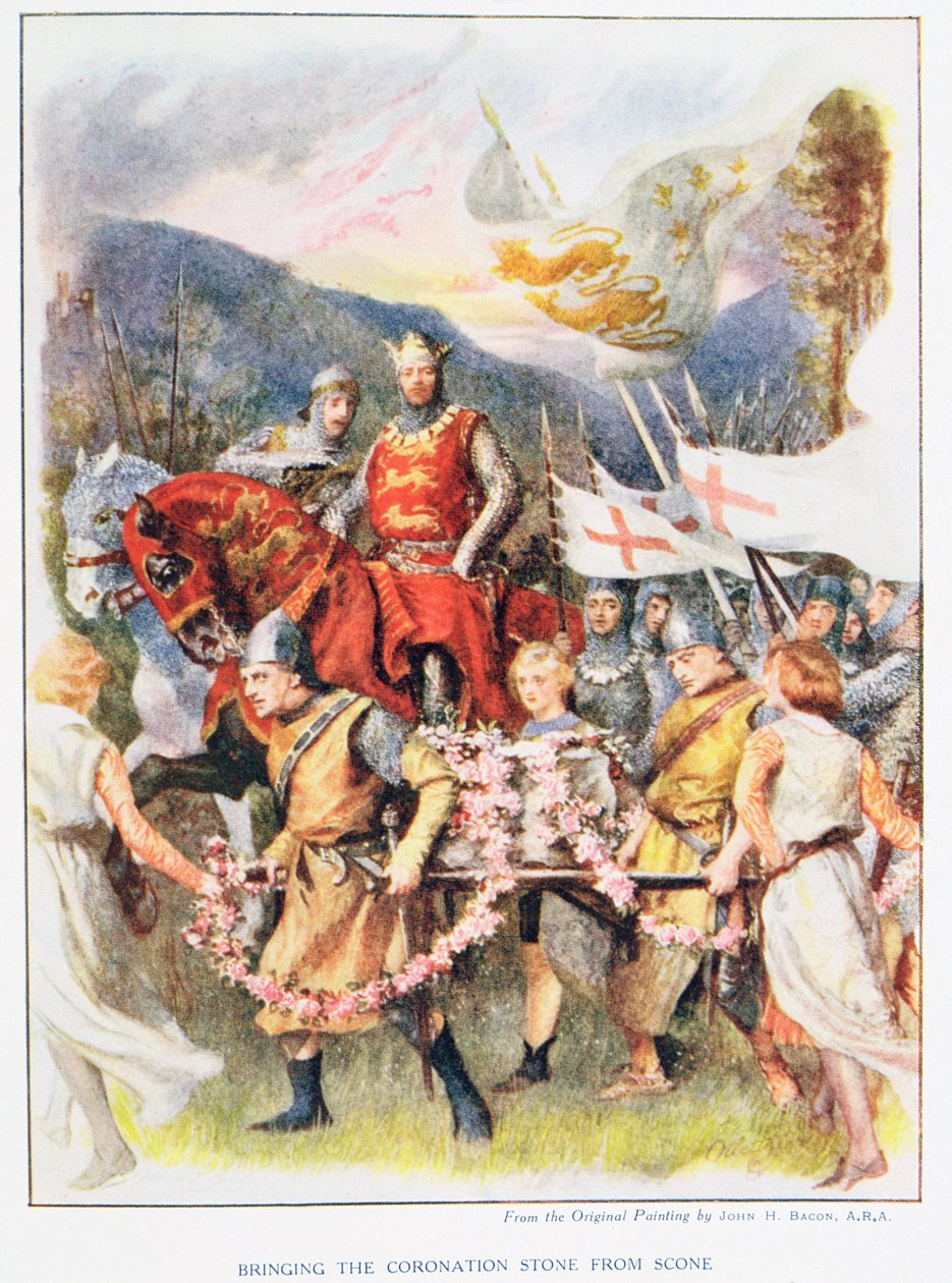 Trazendo a pedra de coroação de Scone, ilustração de "Histórias de crianças reais de histórias inglesas", por Doris Ashley, publicado por Raphael Tuck, 1920 de John Henry Frederick Bacon