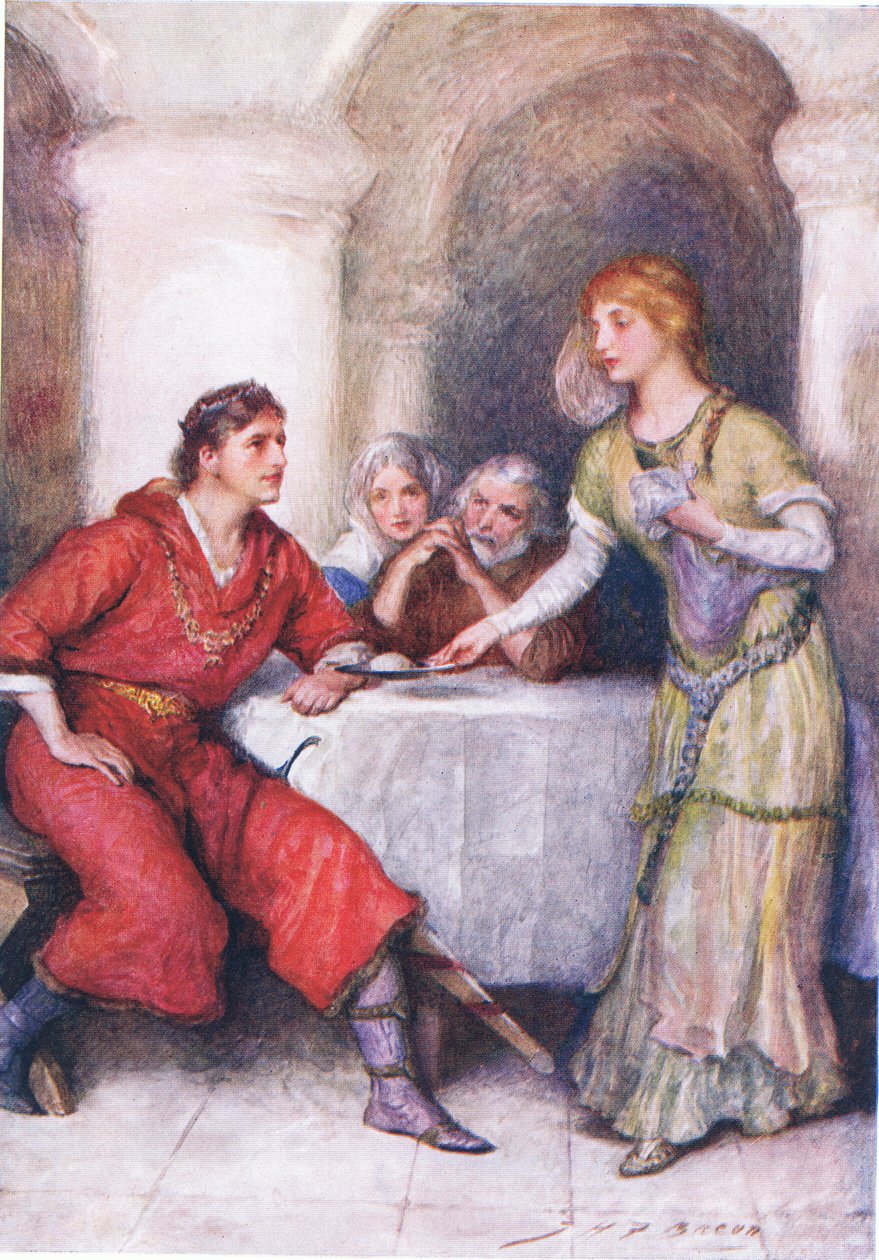 Enid Waits Upon Geraint, ilustração para histórias infantis de Tennyson por Nora Chesson de John Henry Frederick Bacon