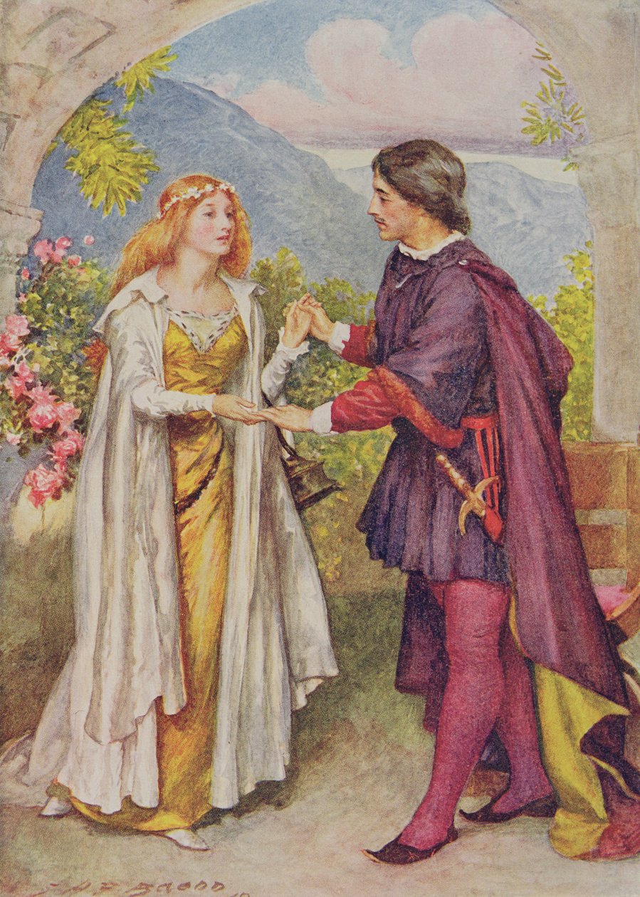 Hamlet e Ophelia de &39;Children&39;s Stories from Shakespeare&39; por Edith Nesbit (1858-1924) pub. por Raphael Tuck und Sons Ltd., Londres (ilustração do livro) de John Henry Frederick Bacon