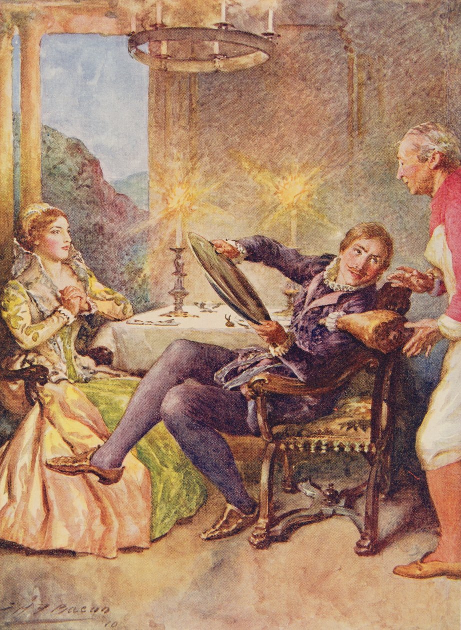 Katharina e Petruchio no domesticar do Shrew das histórias das crianças de Shakespeare pelo bar de Edith Nesbit (1858-1924). por Raphael Tuck & Sons Ltd., Londres (ilustração do livro) de John Henry Frederick Bacon