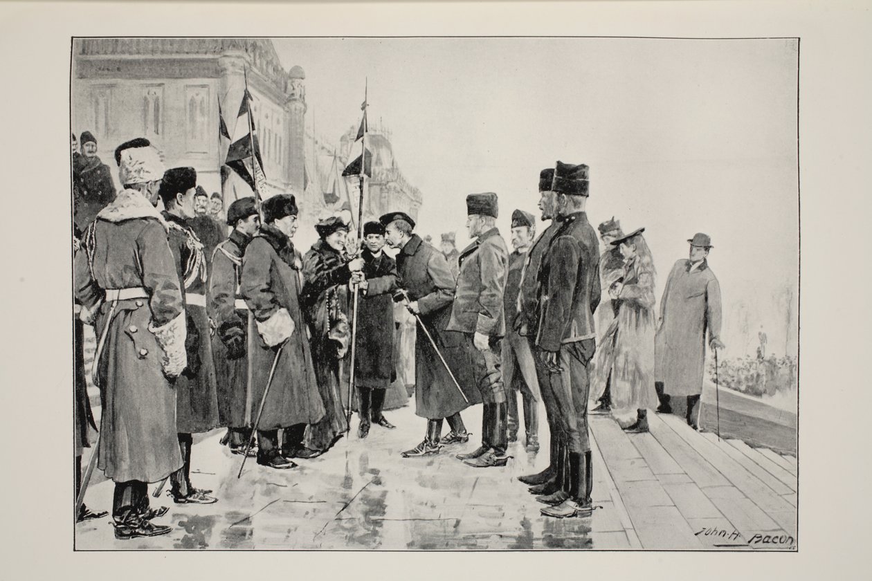 Lady Minto apresentando Colors to Herchmer&39;s Horse, ao sair de Ottawa, em 19 de janeiro de 1900, a partir de uma fotografia de JC Hemment de John Henry Frederick Bacon