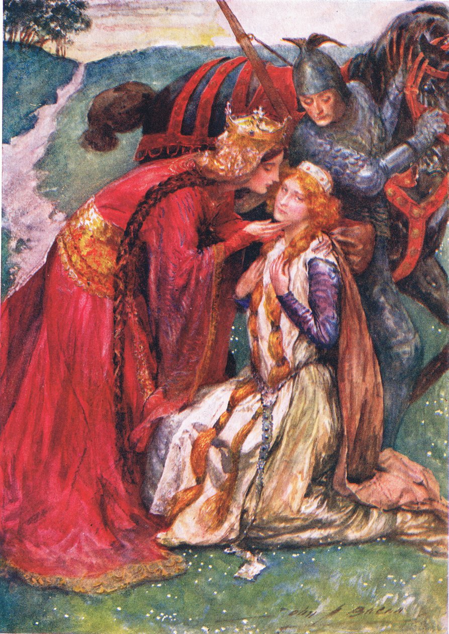 Rainha Guinevere dá as boas-vindas a Enid, ilustração para &39;Histórias infantis de Tennyson&39; de Nora Chesson de John Henry Frederick Bacon