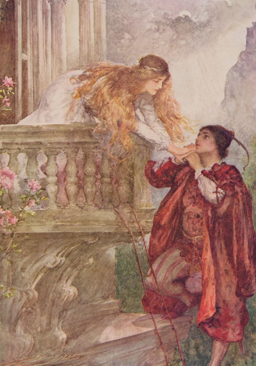 Romeu e Julieta, de &39;Children&39;s Stories from Shakespeare&39;, de Edith Nesbit (1858-1924) pub. por Raphael Tuck und Sons Ltd., Londres (ilustração do livro) de John Henry Frederick Bacon